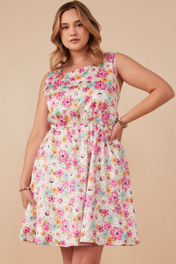 HY8018 Off White Womens Floral Print Fit And Flare Satin Dress Editorial
